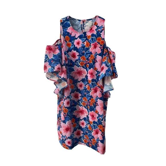 Mud Pie Dress Womens Size M Blue & Pink Floral Cold Shoulder Ruffle Knee Length - Picture 1 of 7